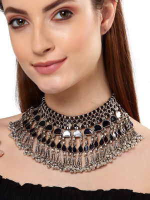 Shining Diva Latest Stylish Traditional Oxidised Silver Necklace Jewellery Crystal Silver Plated Metal Necklace