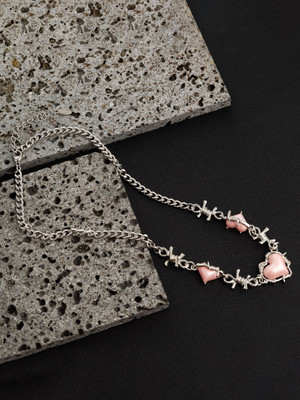 VAGHBHATT Stone Studded Heart Shaped and Barbed Wire Accents Necklace Stainless Steel Necklace