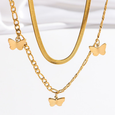 MYKI Anti-Tarnish Butterfly Layered Gold Necklace Gold-plated Plated Stainless Steel Necklace