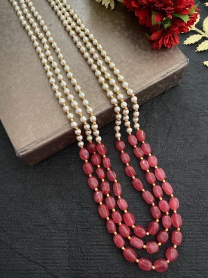 Beaded Red and Cream Quartz Beaded Layered Necklace for women - 18-20 Inches- 3 Line Quartz Stone Necklace