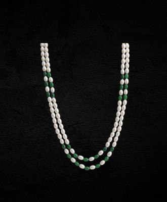Aamrapali Silver Gems Double Strand Pearl Necklace, 45 cm White Freshwater Pearls with Green Glass Jade Gold-plated Plated Alloy Necklace