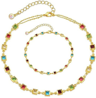 THANU'S CRAFT Elegant Multi colour Square Pendant Necklace Bracelet Hand chain for Women Crystal Silver Plated Metal Necklace