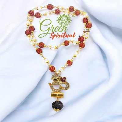 Green Spiritual Damru Pindi Locket Rudraksha Crystel Mala Sacred Symbol of Power & Protection Gold-plated Plated Wood Chain