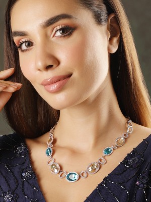 RUBANS Rhodium-Plated Multi-Color Rhinestones Embellished Necklace Silver Plated Alloy Necklace