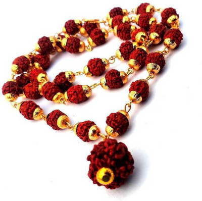 Green Spiritual Rudraksha Mala with Golden Cap Damru 8mm Rare Collection Gold-plated Plated Brass Chain