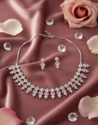 Rajni Brass Rhodium Pink Jewellery Set(Pack of 1)