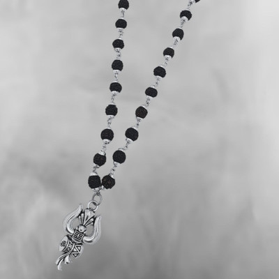 A1 yashvriddhi Most Demanded Bhagwan Shiv Dotted Locket Pendant With 5 Mukhi Rudraksha Mala Beads Silver Plated Brass, Wood Chain