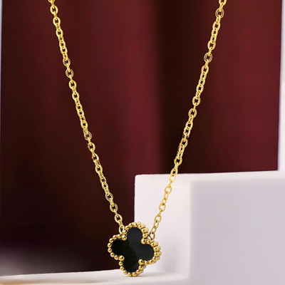 Aangan Aura Delicate Gold Chain Necklace with BLACK Enamel Clover Pendant for Women Gold-plated Plated Stainless Steel Necklace