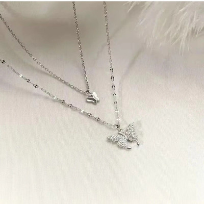 JRISSY New Korean Women's Double Chain Pendent Cubic Zirconia Silver Plated Stainless Steel Layered