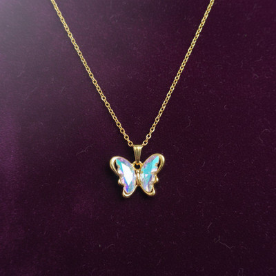 VR Divine Adorn Trendy Golden Butterfly Pendant with Multicolor Crystal Wing Design Gold-plated Plated Stainless Steel Chain Set