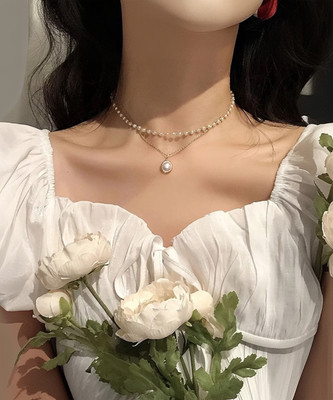 Vembley Double Layered Pearl Pendant Golden Necklace For Girls And Women Pearl Silver Plated Alloy Layered