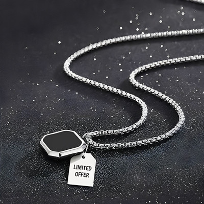 Smykker Fashion Black Octagone Shape Pendant Silver Plated Stainless Steel Chain