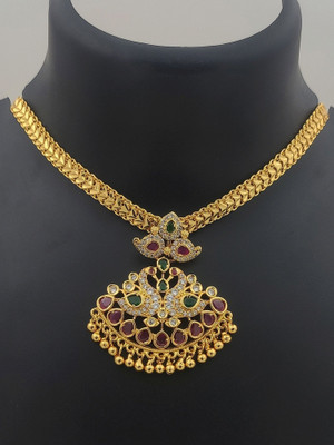 Hanaa AD CZ 5 Metal Impon Attigai Jewellery Necklace Chain for Women and Girls Cubic Zirconia Gold-plated Plated Copper Necklace