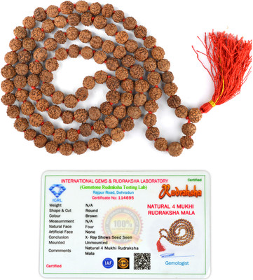 CRYSTU Natural Four 4 Mukhi Rudraksha Mala 108+1 Bead 8mm Jaap Mala Lab Certified Beads Crystal Necklace