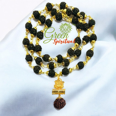 Green Spiritual Religious Jewelry Shiv Locket With Puchmukhi Rudraksha Mala (8MM 36Beads) Gold-plated Plated Wood Chain
