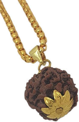 LOTUS Store 4 Mukhi Rudraksha Pendant/Pandent Nepali Rudraksha with Lab Certified Four Mukhi Beads Gold-plated Plated Brass, Wood Chain