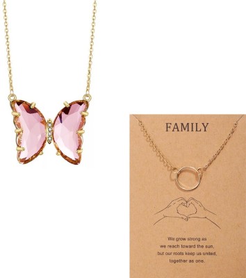 AVR JEWELS Pack of 2 Charming Ring and Pink Crystal Butterfly Necklace For Women & Girls Gold-plated Plated Alloy Chain