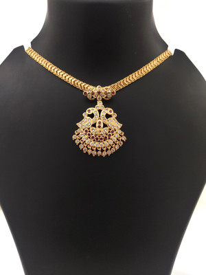 Hanaa 5 Metal Impon Attigai Jewellery for Women and Girls Cubic Zirconia Gold-plated Plated Brass Necklace