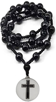 Shiv Jagdamba Religious Lord Jesus Cross Crystal With Cotton Dori Mala Onyx Rhodium Plated Crystal, Dori Chain