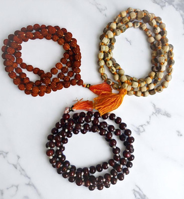 ImmunityRudra Tulsi, Rudraksha & Chandan Mala Combo | 108+1 Beads | Unisex Spiritual Set Wood, Rudraksha Chain