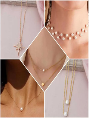 brado jewellery Combo of 5 Traditional 18 inch Daily Wear Necklace Set for Women Pearl, Diamond Gold-plated Plated Brass Necklace