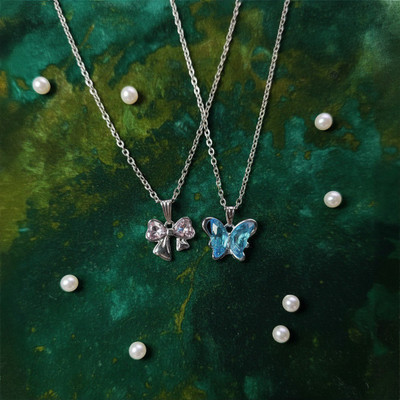 VR Divine Adorn Stylish 2 PCS Blue Butterfly & Pink Ribbon Pendant Necklace Set 4 Girls & Women Diamond Silver Plated Stainless Steel Chain