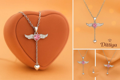 Dittiya Angel Wing Heart Pendant with Chain Silver-Plated Necklace for Women Silver Plated Stone, Stainless Steel Chain
