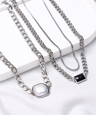 SOHI Set Of 2 Urban Multi-Layer Necklace - Metallic Silver Silver Plated Alloy Chain