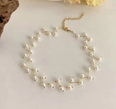 DMS STORE White Pearl Fashion Choker Necklace Pearl Gold-plated Plated Alloy Choker