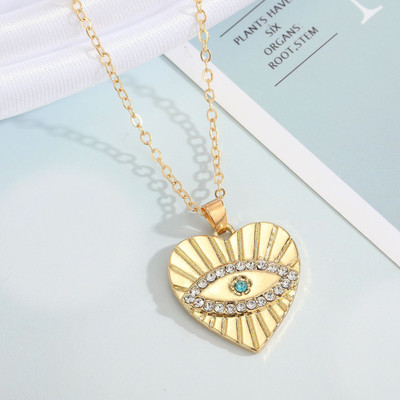 DESTINY JEWEL'S Gold Plated Stone Decor Heart Shaped Evil Eye Charm Pandant Necklace Zircon Alloy Necklace