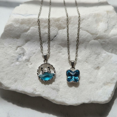 VR Divine Adorn Blue Diamond Dolphin & Butterfly Pendant Set | 2 PCS Stylish Silver Chains Silver Plated Stainless Steel Necklace Set