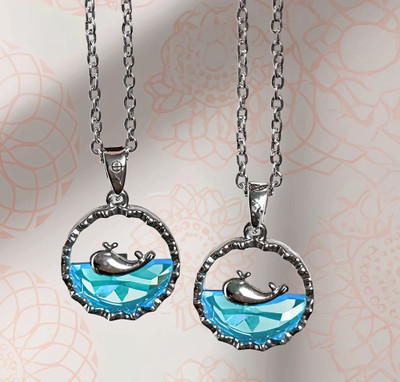 VR Divine Adorn Elegant 2 PCS Blue Dolphin Pendant Necklace Set | Silver Chain for Girls & Women Diamond Silver Plated Stainless Steel Chain Set