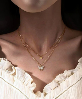 JRISSY Double Necklace Small Butterflies Gold-plated Plated Alloy Necklace