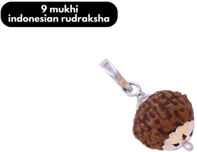 Kuttumb Gems & Jewels 9 Mukhi Rudraksha/ Nine Faced Rudraksha (Certified) indonesian Silver Brass Pendant Set