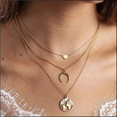 Zaphariq Three Layered Earth Moon Heart Necklace Gold-plated Plated Alloy Layered