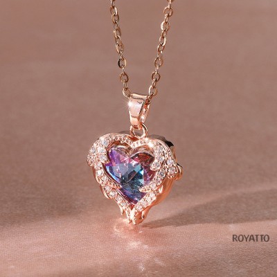 Royatto Angel Wings Zircon Pendant,Ocean Heart,Korean Crystal Love Heart Necklace18 Cubic Zirconia Brass Plated Stainless Steel Necklace