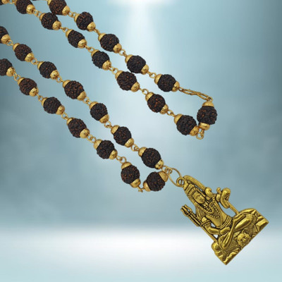 Fine Creation Lord Shiva Trishul Damru Locket with Rudraksha Mala for Men & Boys Beads Gold-plated Plated Brass, Wood Chain