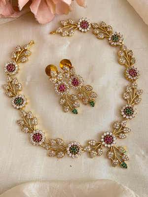 ROFARWORD Traditional Wedding Wear Choker Necklace/Jewellery Set For Women and Girls Zircon Gold-plated Plated Alloy Necklace Set