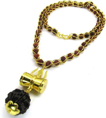 VRIDAANN Shiv Shakti Kavach 5 Mukhi Rudraksha Mala With Shiv Trishul & Damru Gold-plated Plated Wood Chain