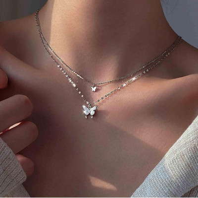 Harsu Collection Layered Butterfly Pendant Necklaces Cubic Zirconia Silver Plated Stainless Steel Layered