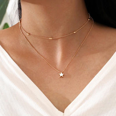 Arzonai simple double layer clavicle necklace five-pointed star-shaped pendant Metal Chain