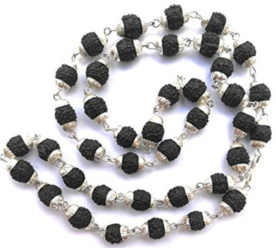 Apnisanskriti Black Rudraksha Mala in Silver Designer Caps Natural Rudraksha Beads Wood Chain