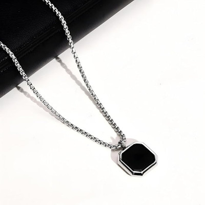 ZOSMIC Black Square Stainless Steel Necklace Unisex Silver Plated Stainless Steel Chain Set