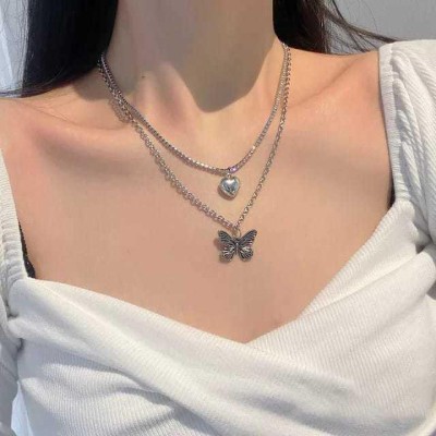 YU Fashions YU Fashions Butterfly Golden Heart Rhinestone Pendent Necklace Chain Silver Plated Steel Layered