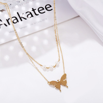 Vembley Stylish Double Layered Butterfly White Pearl Necklace For Ladies Gold-plated Plated Alloy Necklace