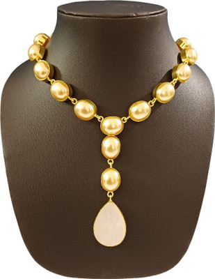 Brajvela Mother of Pearls Necklace with 21 Pearls & 1 Moonstone(Bright Golden) Pearl Brass Plated Brass Necklace