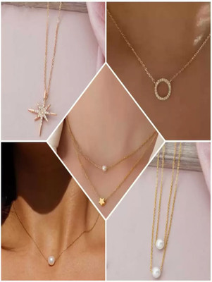 brado jewellery Combo of 5 Traditional 18 inch Daily Wear Set for Women Pearl, Diamond Gold-plated Plated Brass Necklace