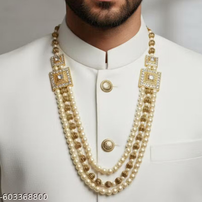 Ruino Imperial Men’s Pearl & Gold Prestige Mala Pearl Brass Necklace