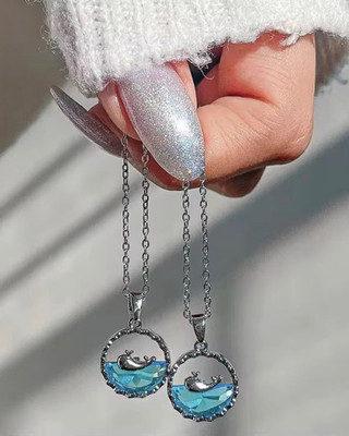 VR Divine Adorn Elegant 2 PCS Blue Dolphin Pendant Necklace Set | Silver Chain for Girls & Women Diamond Silver Plated Stainless Steel Chain Set