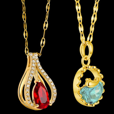 Mast Mola Red Water Drop Zircon Inlay 3D and Hollow Out Whale Glass Pendant Crystal Gold-plated Plated Copper, Stainless Steel Chain Set